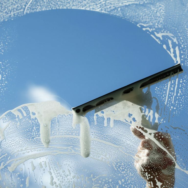 Window cleaner using a squeegee to wash a window